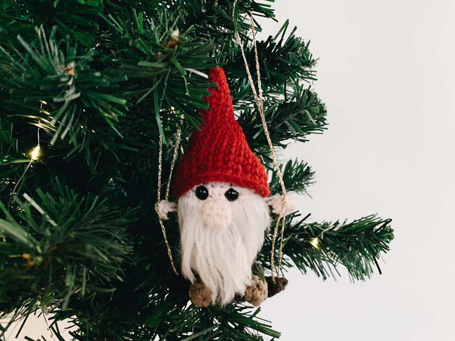 Gnome on a swing Christmas crochet ornament - Octopus Crochet